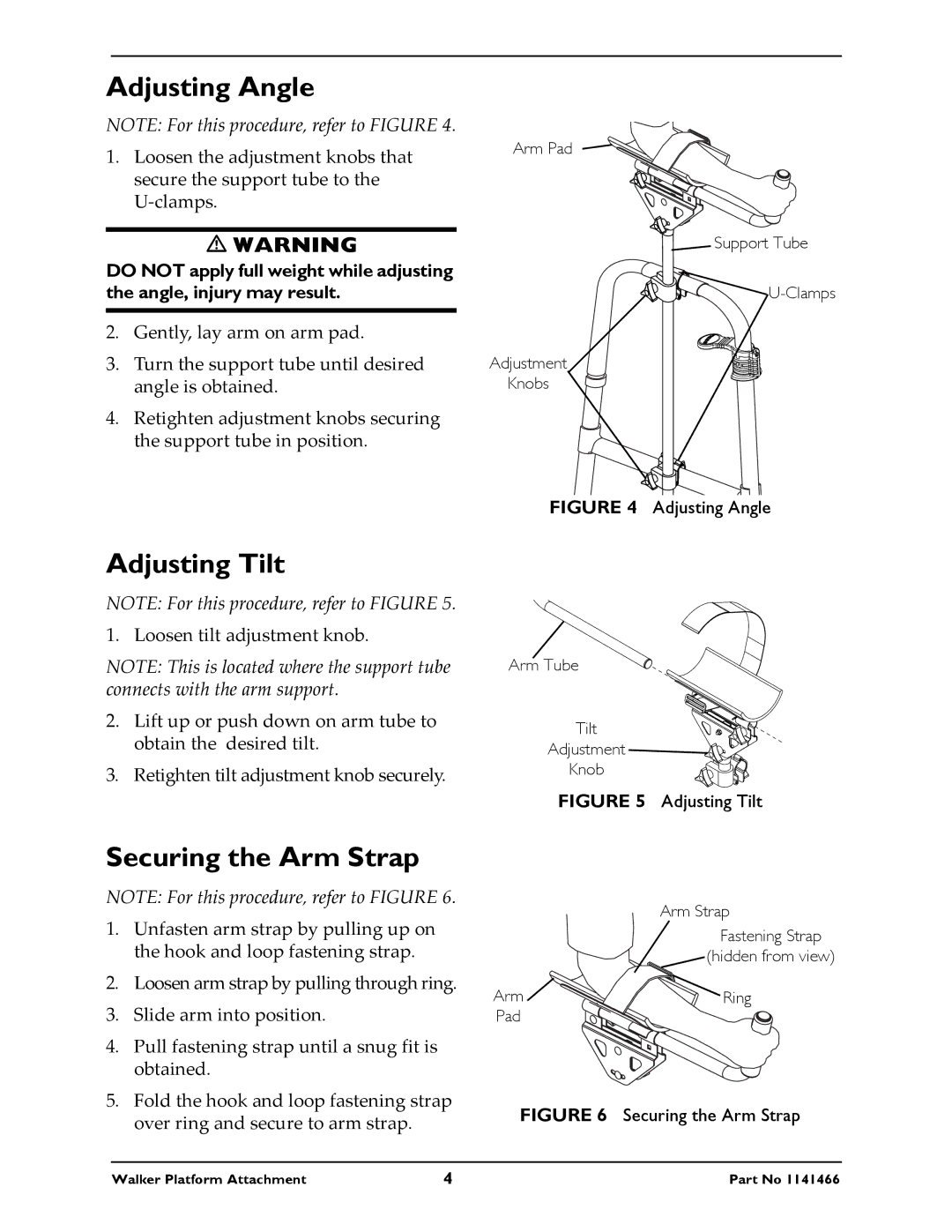 Invacare 6027 instruction sheet Adjusting Angle, Adjusting Tilt, Securing the Arm Strap 