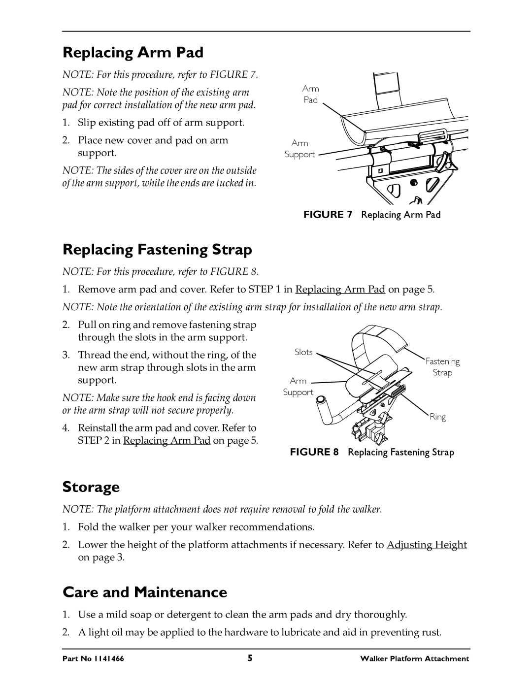 Invacare 6027 instruction sheet Replacing Arm Pad, Replacing Fastening Strap, Storage, Care and Maintenance 