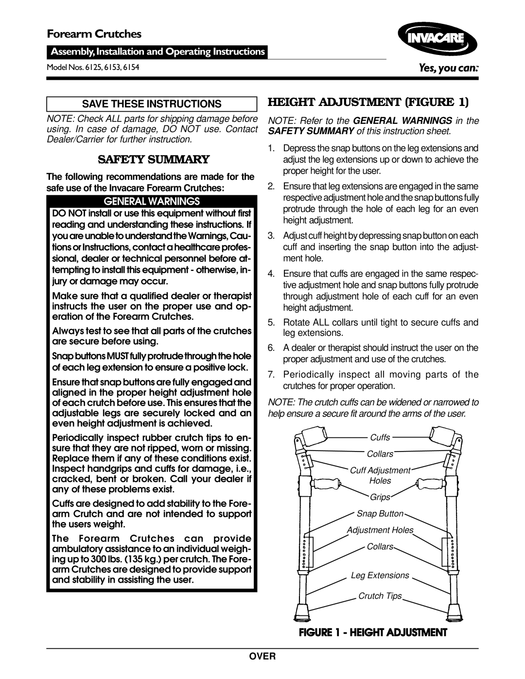 Invacare 6154, 6125, 6153 operating instructions Safety Summary, Height Adjustment Figure, General Warnings 