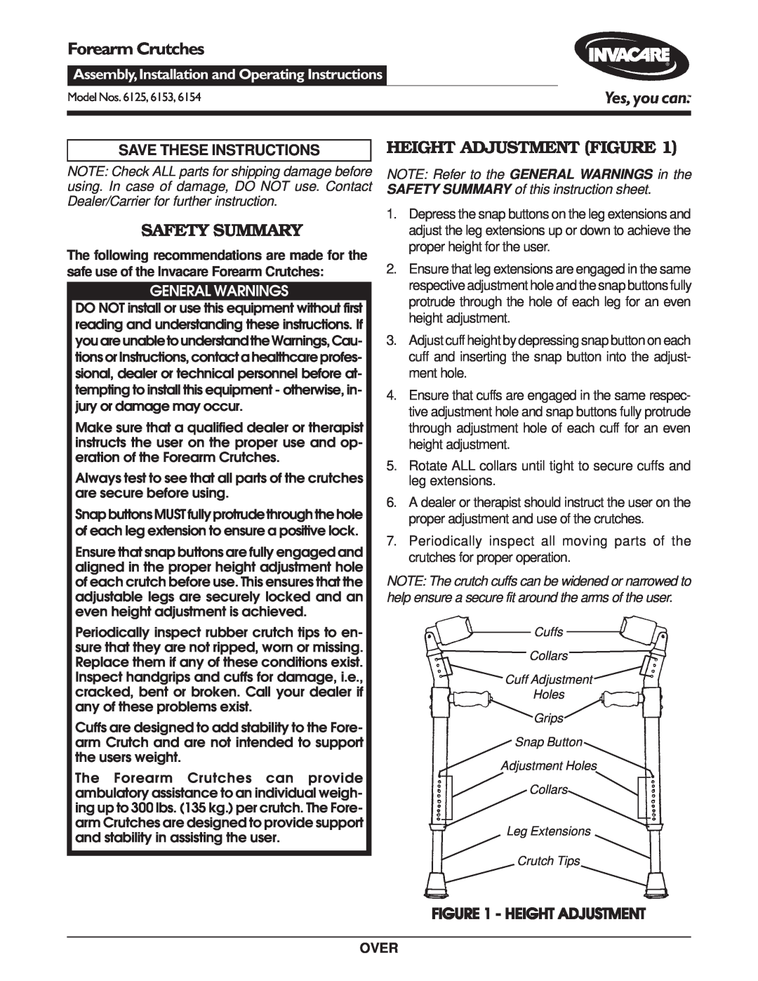 Invacare 6154 operating instructions Safety Summary, Height Adjustment Figure, Forearm Crutches, Save These Instructions 