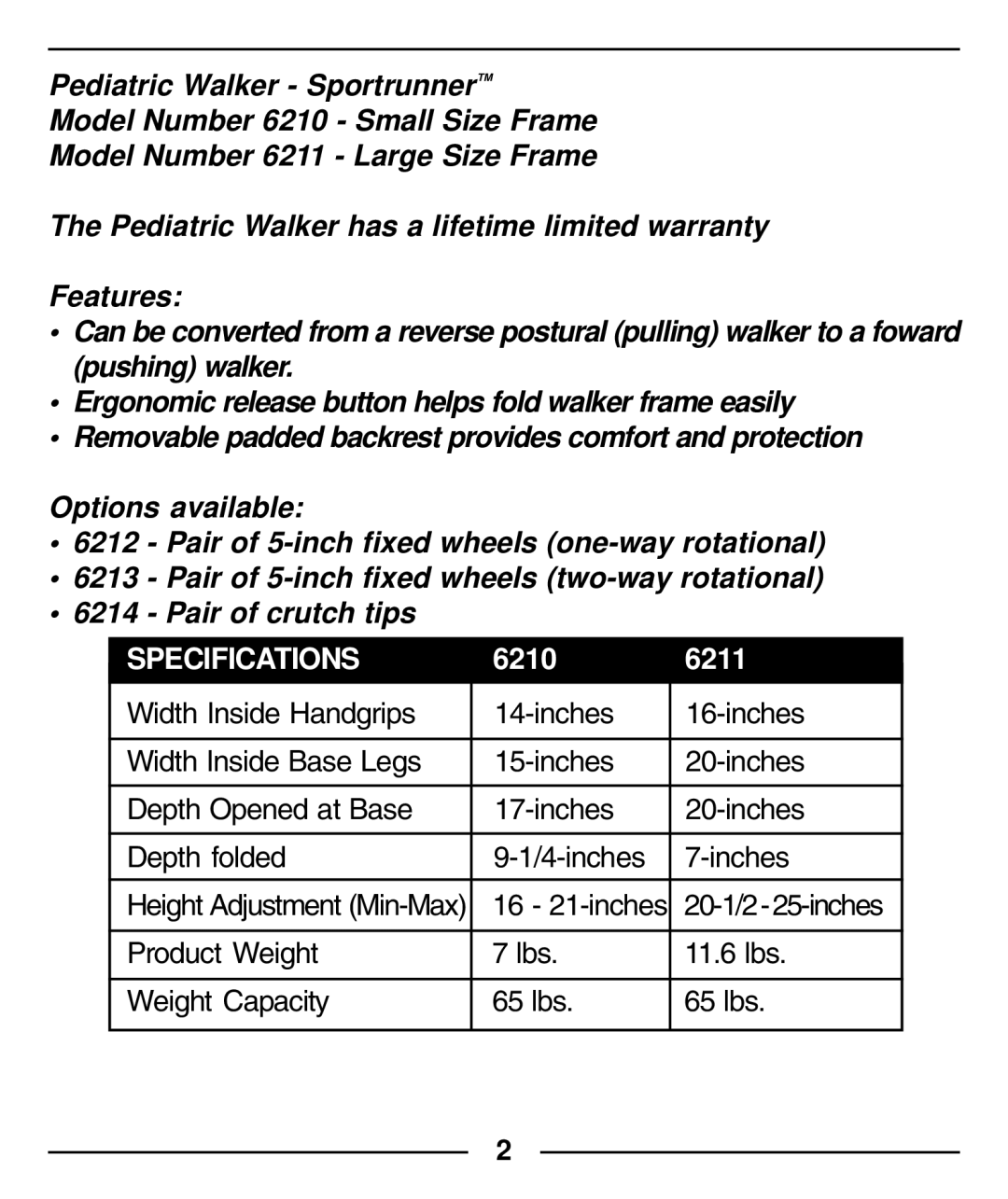 Invacare 6210, 6211 manual Specifications 