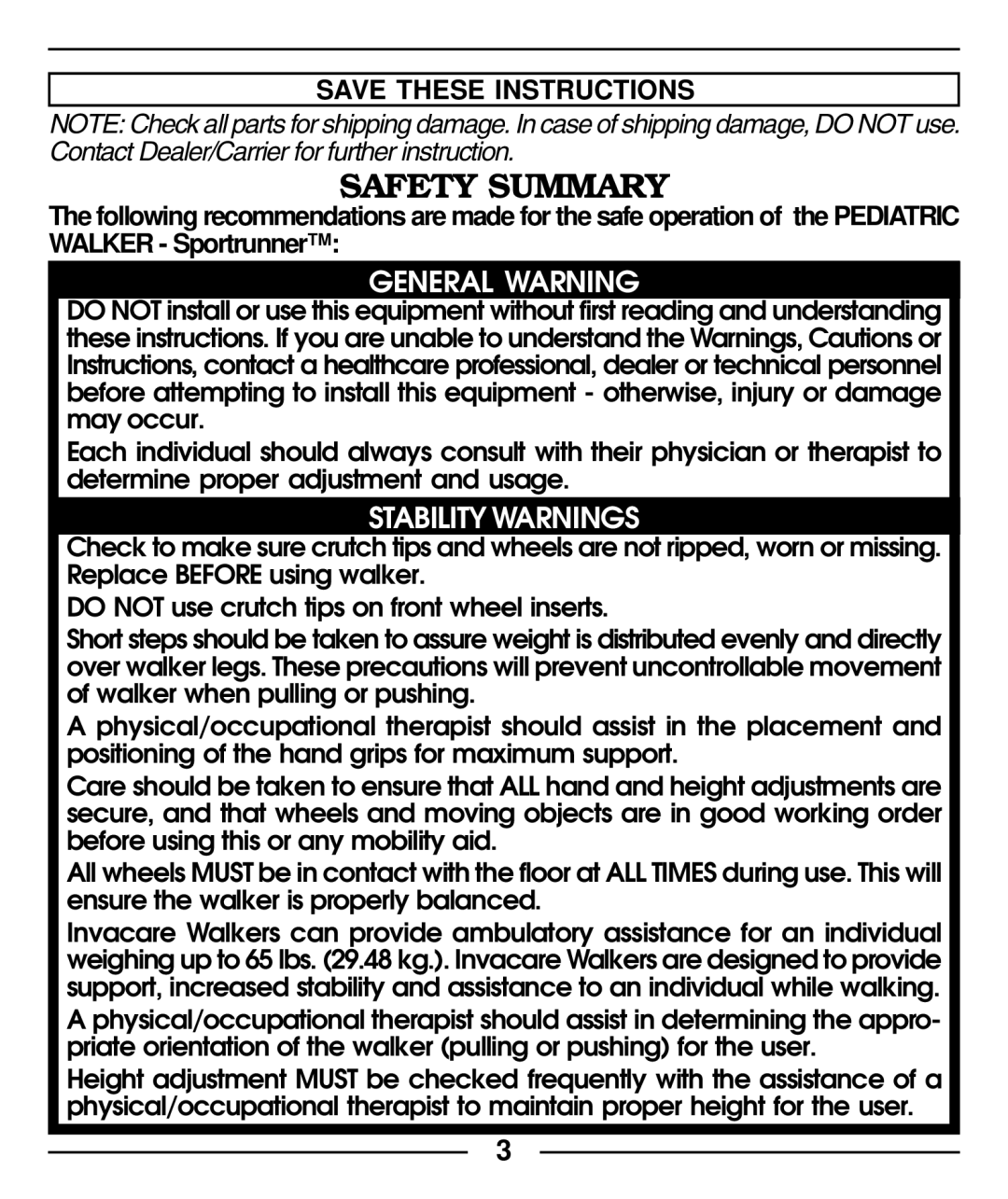 Invacare 6211, 6210 manual Safety Summary 