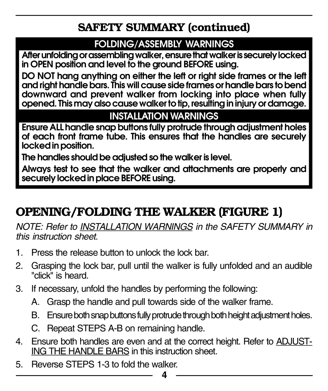 Invacare 6210, 6211 manual OPENING/FOLDING the Walker Figure, Safety Summary 