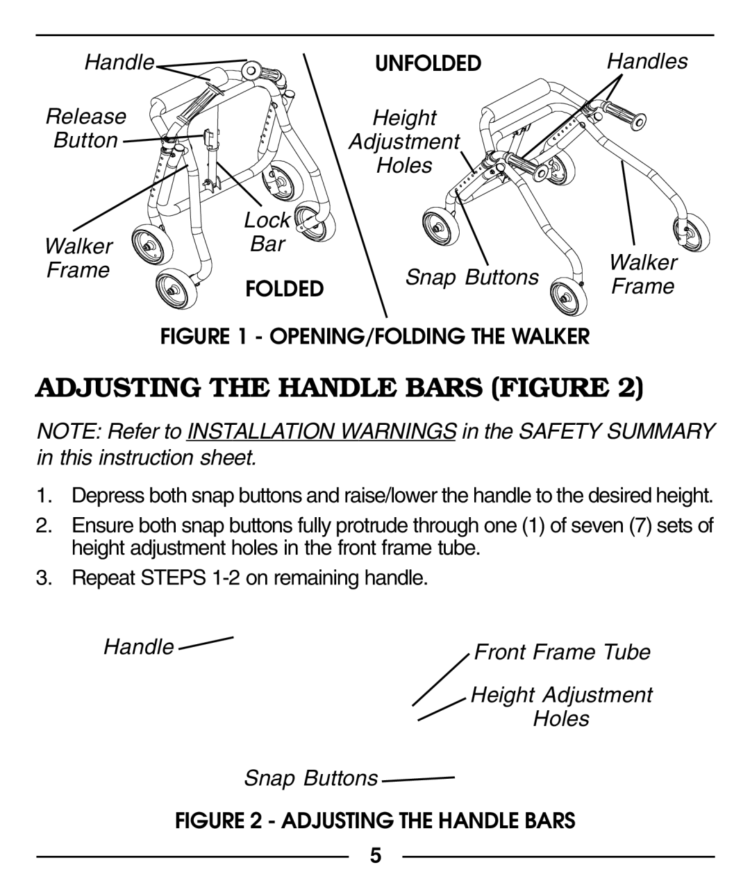 Invacare 6211, 6210 manual Adjusting the Handle Bars Figure, OPENING/FOLDING the Walker 