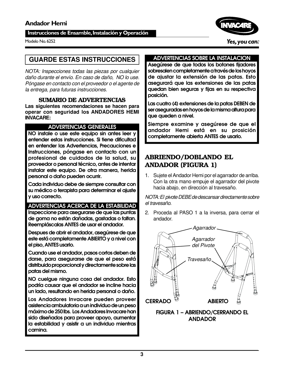 Invacare 6252 Guarde Estas Instrucciones, ABRIENDO/DOBLANDO EL Andador Figura, Sumario DE Advertencias 