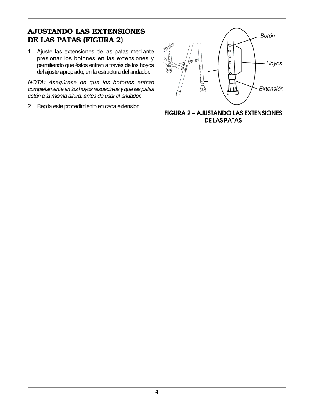 Invacare 6252 Ajustando LAS Extensiones DE LAS Patas Figura, Figura 2 Ajustando LAS Extensiones DE LAS Patas 