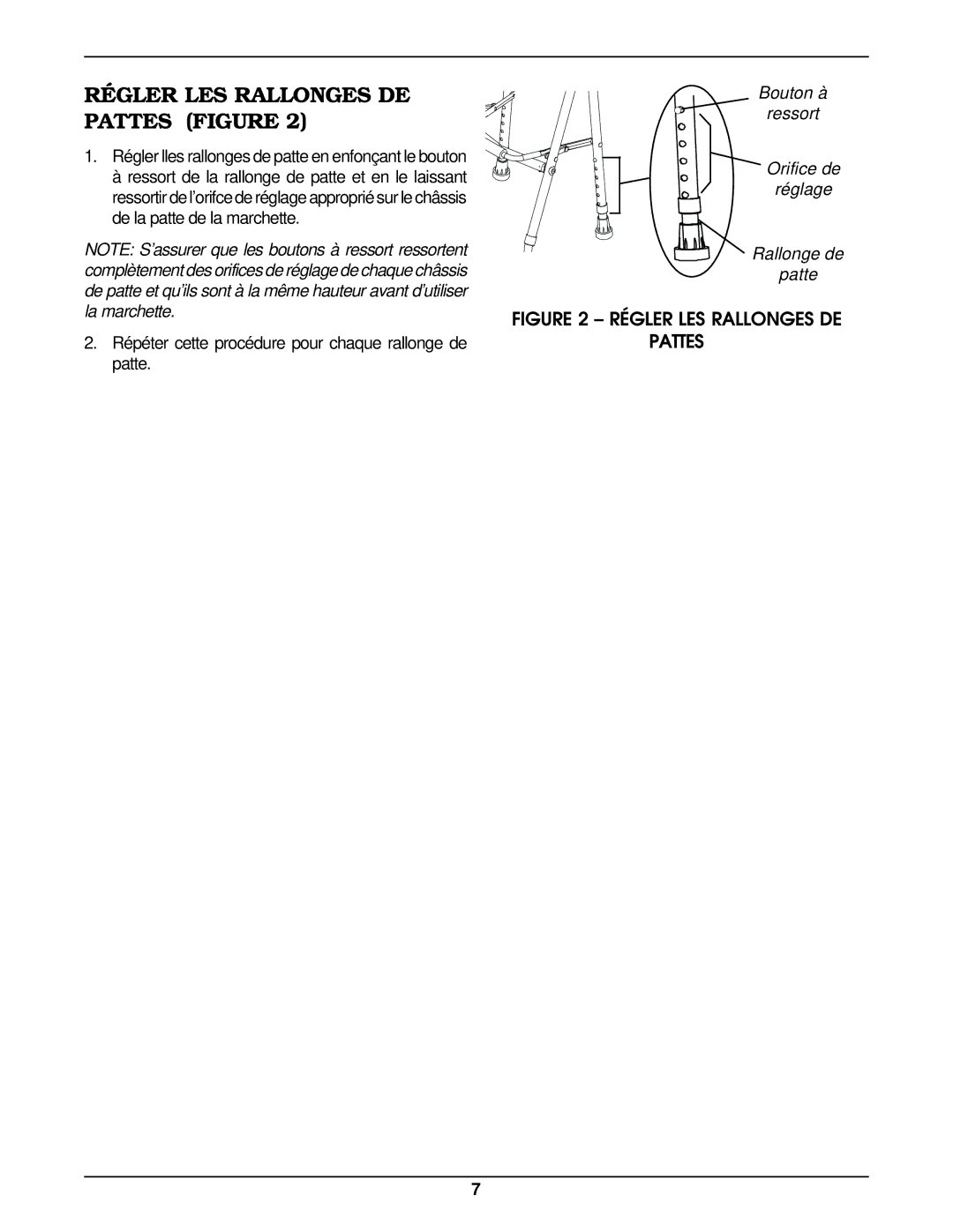 Invacare 6252 operating instructions Régler LES Rallonges DE Pattes Figure 