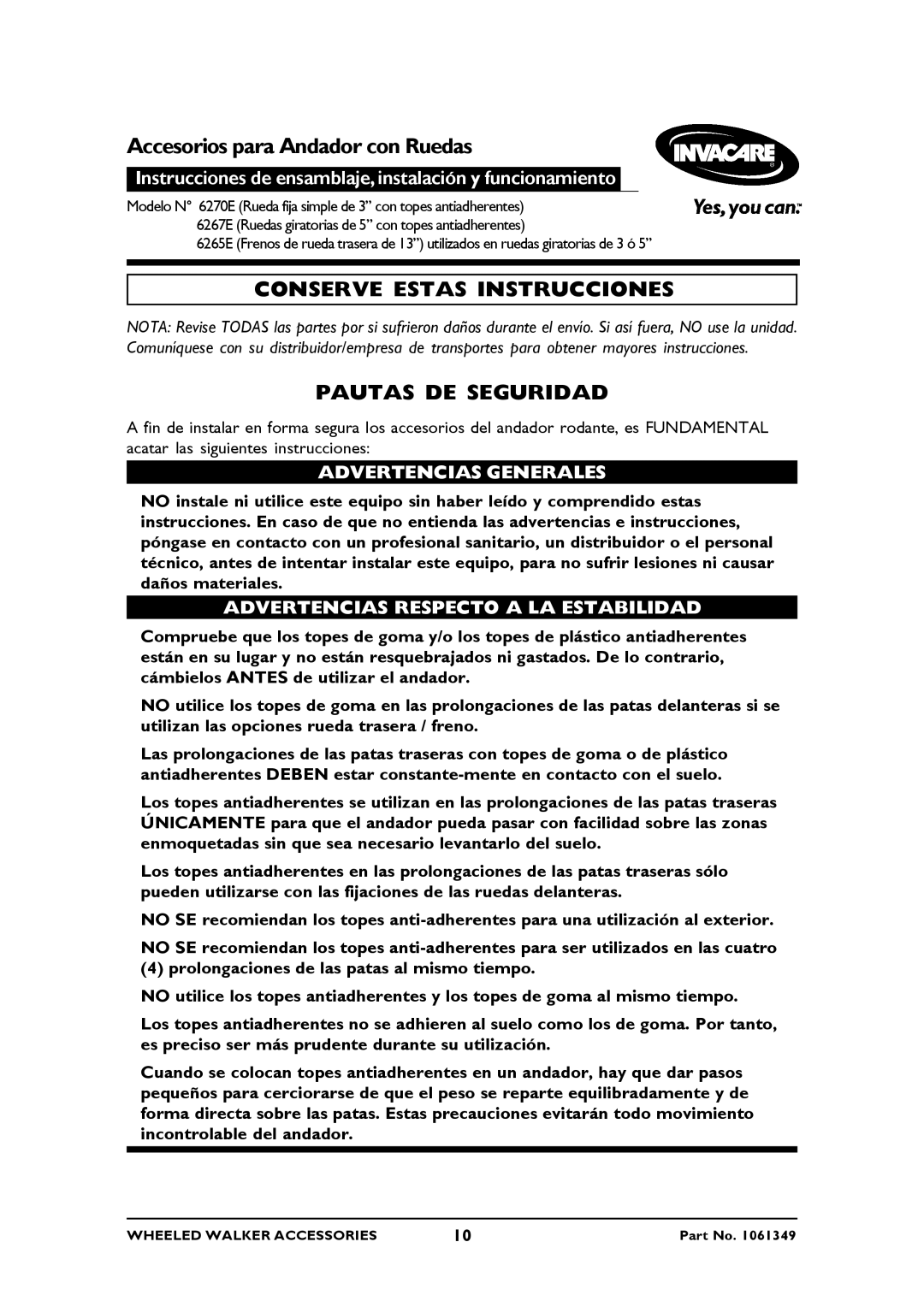 Invacare 6267E, 6265E, 6270E operating instructions Conserve Estas Instrucciones, Pautas DE Seguridad, Advertencias Generales 