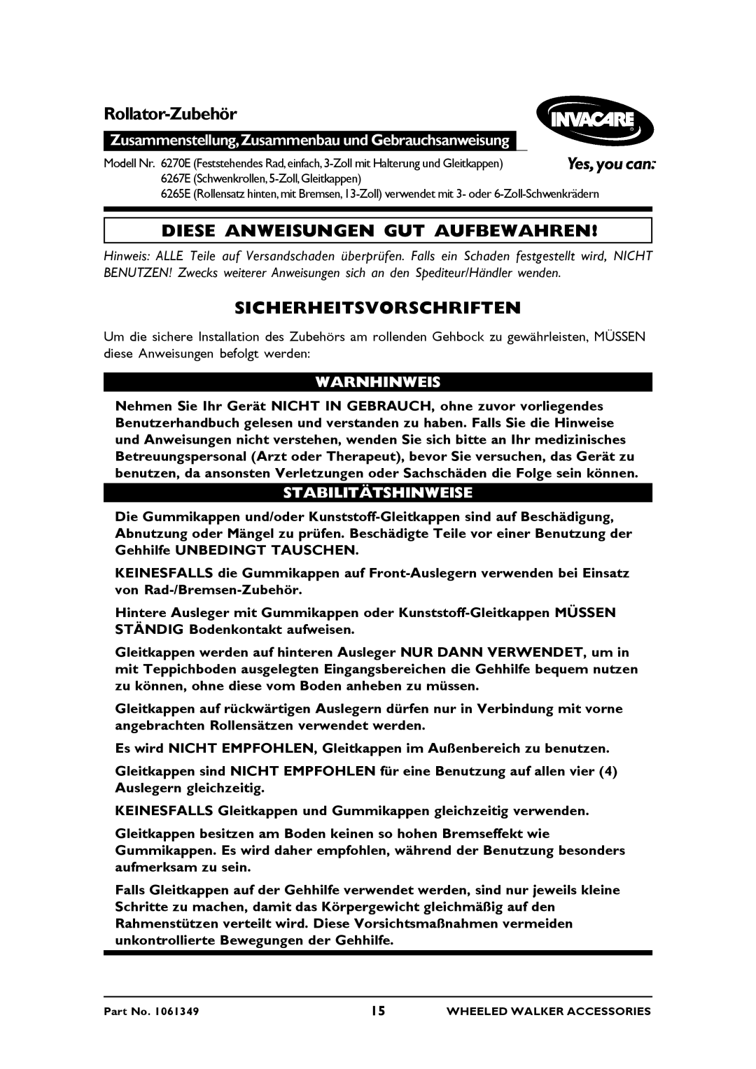 Invacare 6265E, 6267E, 6270E Diese Anweisungen GUT Aufbewahren, Sicherheitsvorschriften, Warnhinweis, Stabilitätshinweise 