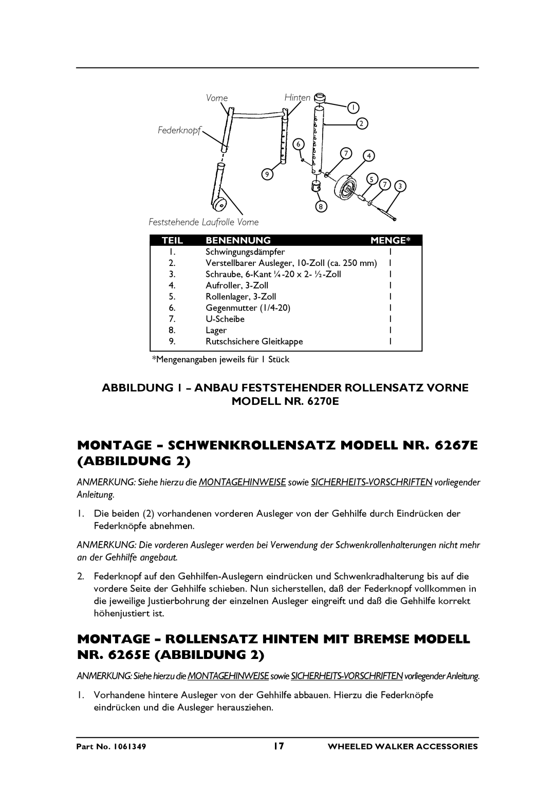 Invacare 6270E, 6265E, 6267E operating instructions VorneHinten Federknopf Feststehende Laufrolle Vorne, Benennung 