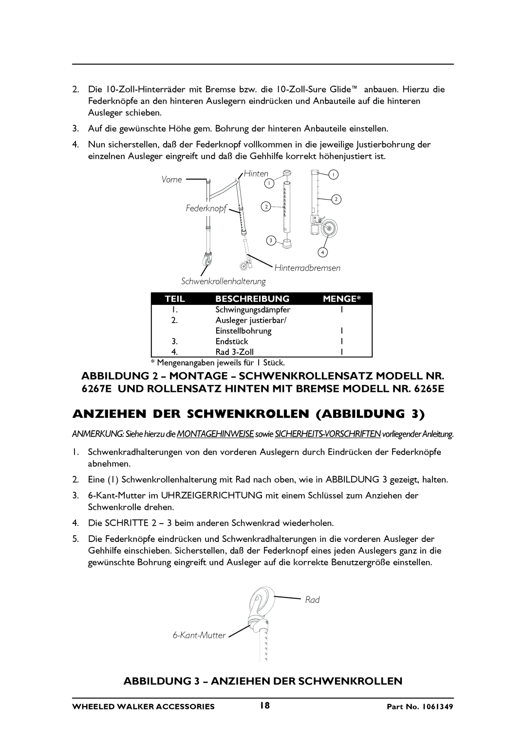 Invacare 6265E Anziehen DER Schwenkrollen Abbildung, Federknopf Hinterradbremsen Schwenkrollenhalterung, Rad Kant-Mutter 