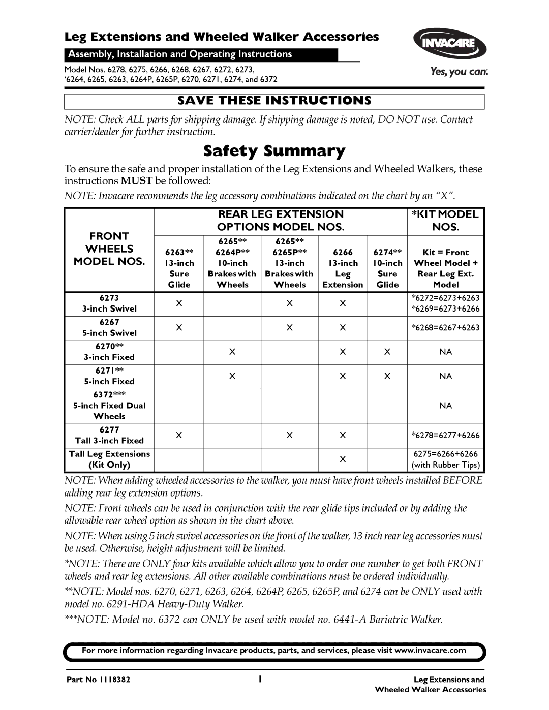 Invacare 6264P, 6265P, 6271, 6270, 6372 operating instructions Safety Summary, Leg Extensions and Wheeled Walker Accessories 