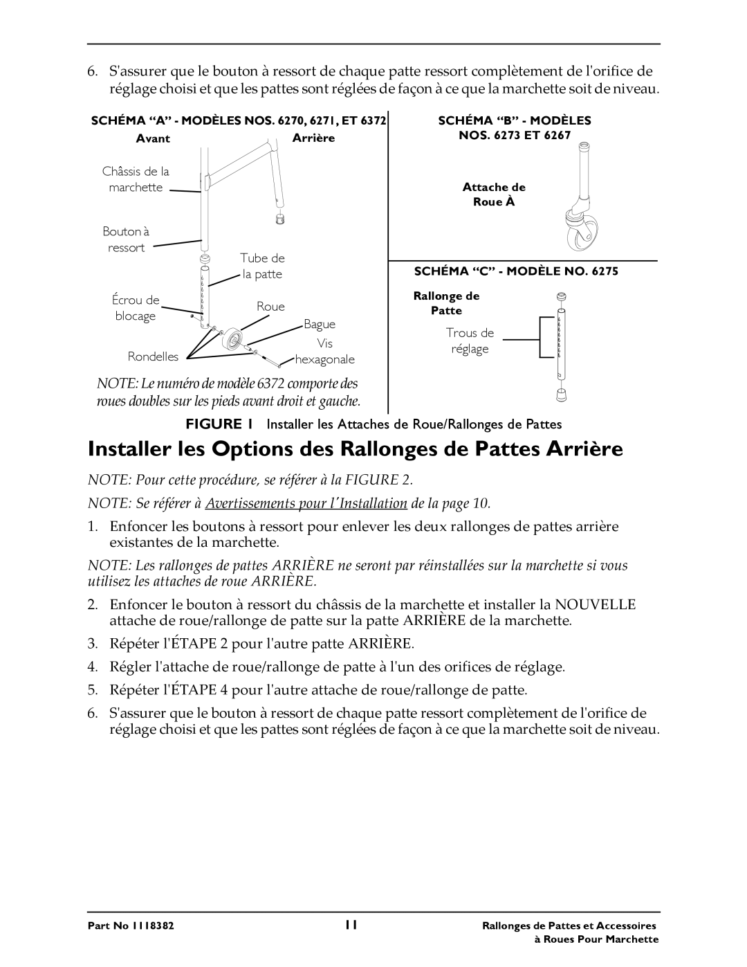 Invacare 6372 Installer les Options des Rallonges de Pattes Arrière, Installer les Attaches de Roue/Rallonges de Pattes 