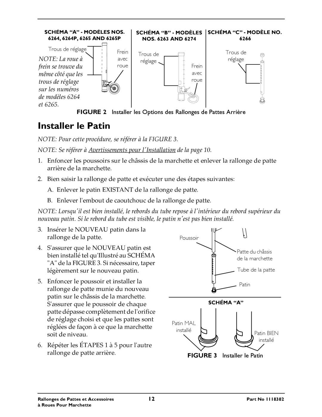 Invacare 6265P, 6264P, 6271, 6270, 6291HDA, 6372 Installer le Patin, Installer les Options des Rallonges de Pattes Arrière 