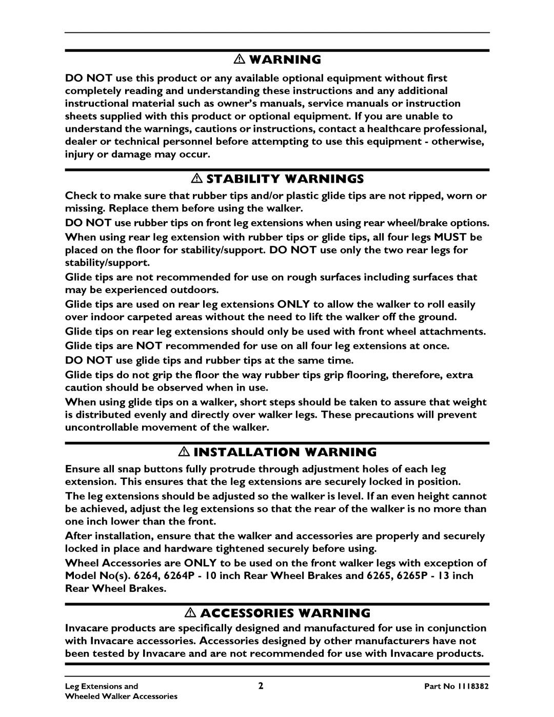 Invacare 6271, 6265P, 6264P, 6270, 6291HDA, 6372 operating instructions Stability Warnings 