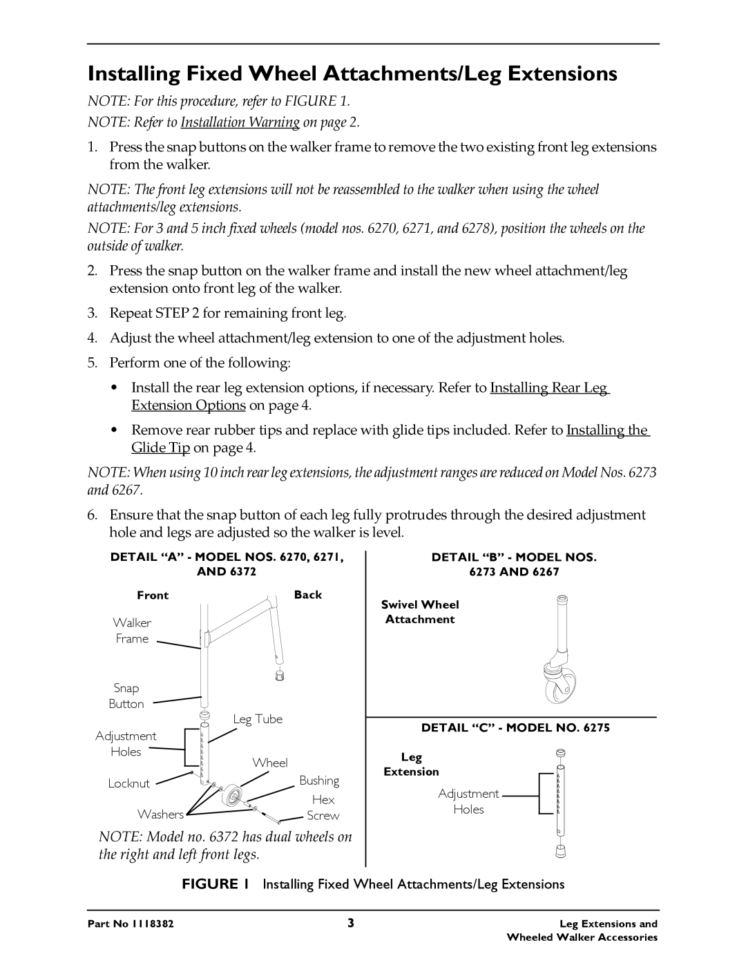 Invacare 6270, 6265P, 6264P, 6271, 6291HDA, 6372 operating instructions Installing Fixed Wheel Attachments/Leg Extensions 