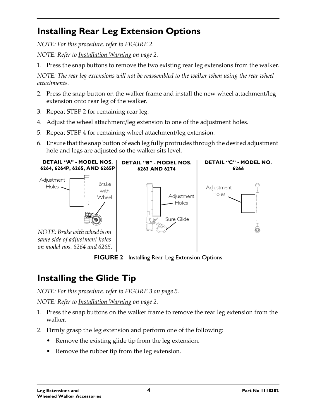 Invacare 6291HDA, 6265P, 6264P, 6271, 6270, 6372 Installing Rear Leg Extension Options, Installing the Glide Tip 