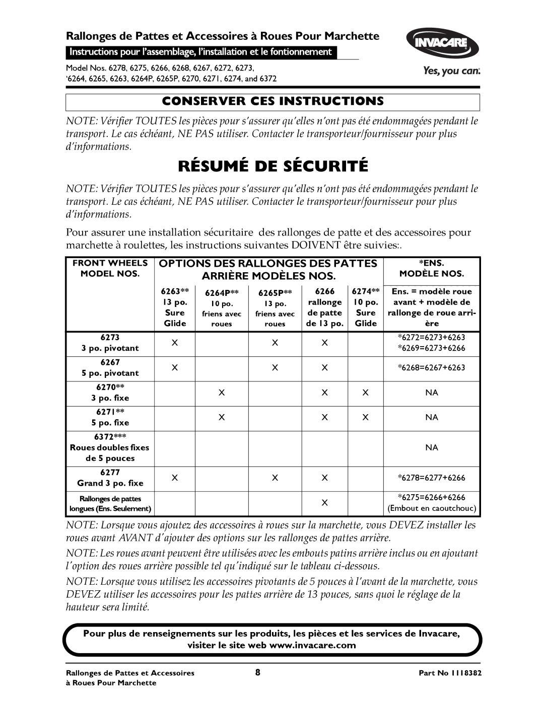 Invacare 6271, 6265P, 6264P, 6270, 6291HDA, 6372 operating instructions Résumé DE Sécurité 