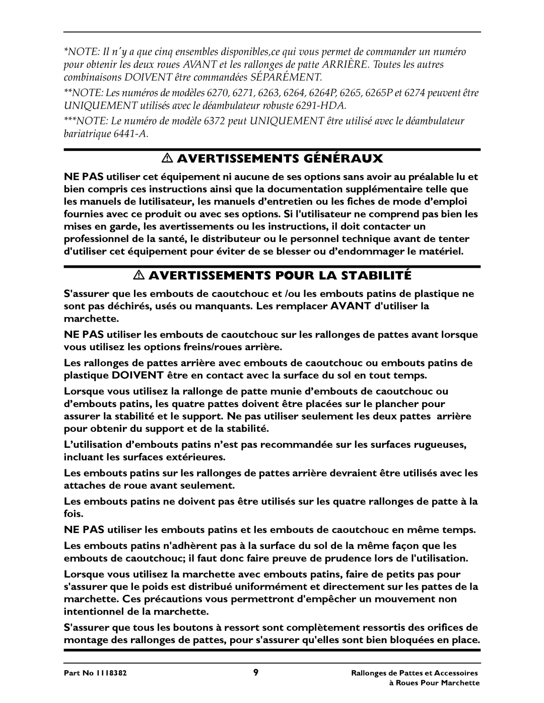 Invacare 6270, 6265P, 6264P, 6271, 6291HDA, 6372 operating instructions Avertissements Généraux 