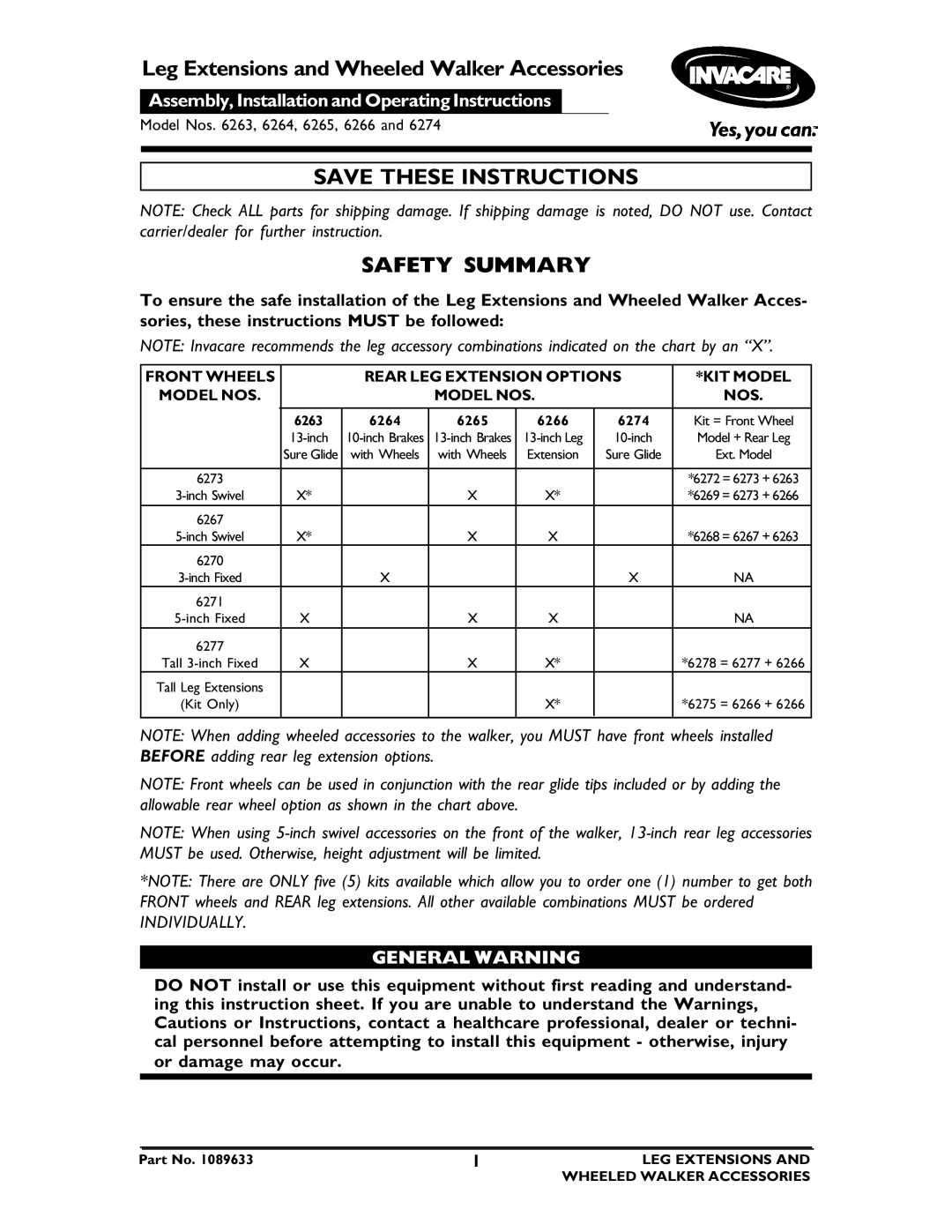 Invacare 6264, 6265, 6263, 6274 operating instructions Safety Summary, General Warning, 6266 