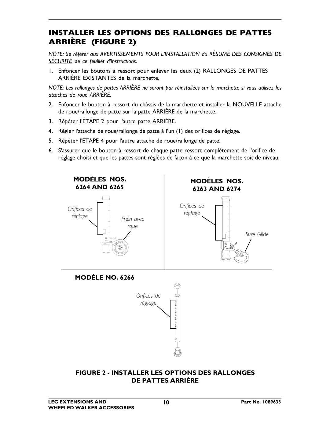 Invacare 6266, 6264, 6265, 6263, 6274 operating instructions Installer LES Options DES Rallonges DE Pattes Arrière Figure 