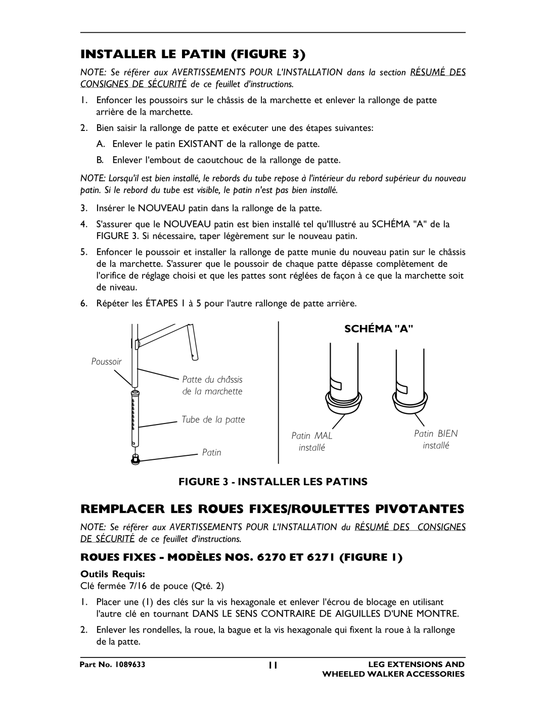 Invacare 6264, 6266, 6265, 6263, 6274 Installer LE Patin Figure, Remplacer LES Roues FIXES/ROULETTES Pivotantes, Schéma a 