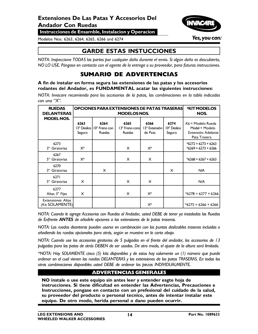 Invacare 6274, 6266, 6264 Garde Estas Instucciones, Sumario DE Advertencias, Advertencias Generales, 6263, 6265 