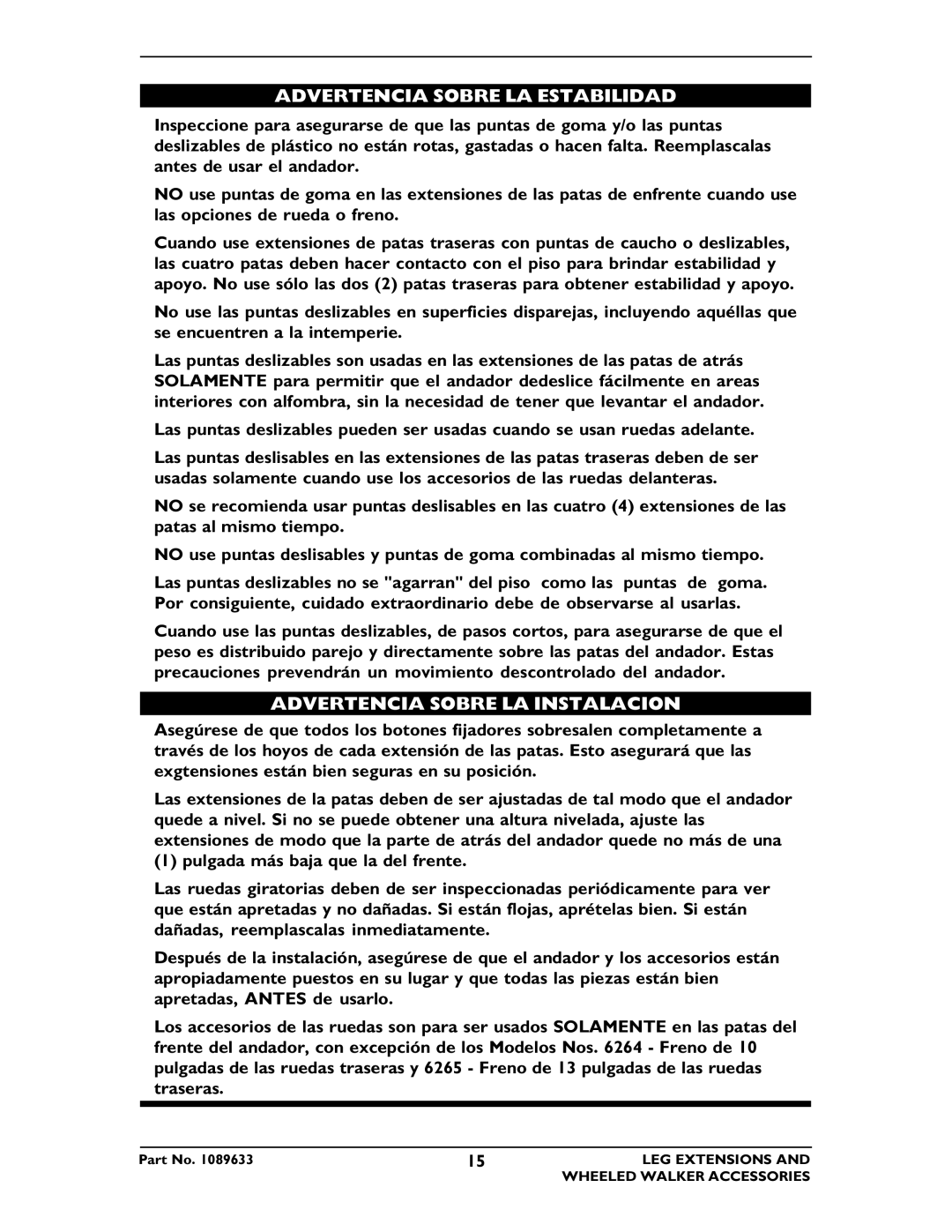 Invacare 6266, 6264, 6265, 6263, 6274 operating instructions Advertencia Sobre LA Estabilidad, Advertencia Sobre LA Instalacion 