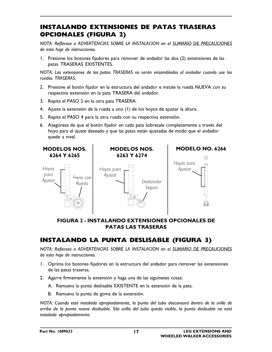 Invacare 6265, 6266, 6264 Instalando Extensiones DE Patas Traseras Opcionales Figura, Instalando LA Punta Deslisable Figura 