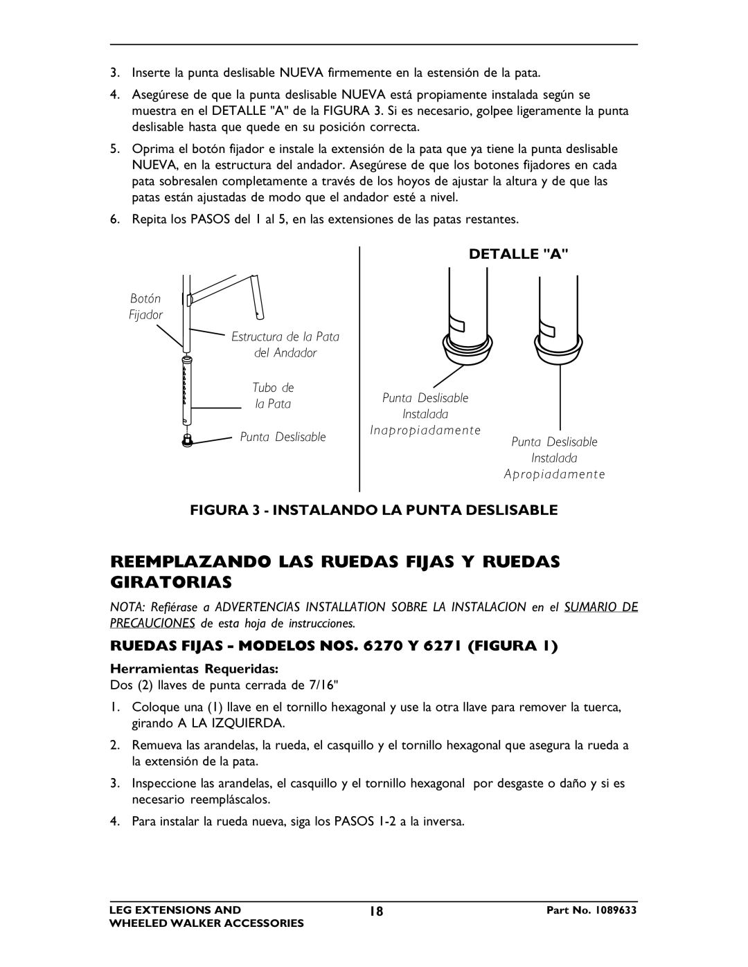 Invacare 6263, 6266 Reemplazando LAS Ruedas Fijas Y Ruedas Giratorias, Detalle a, Ruedas Fijas Modelos NOS Y 6271 Figura 