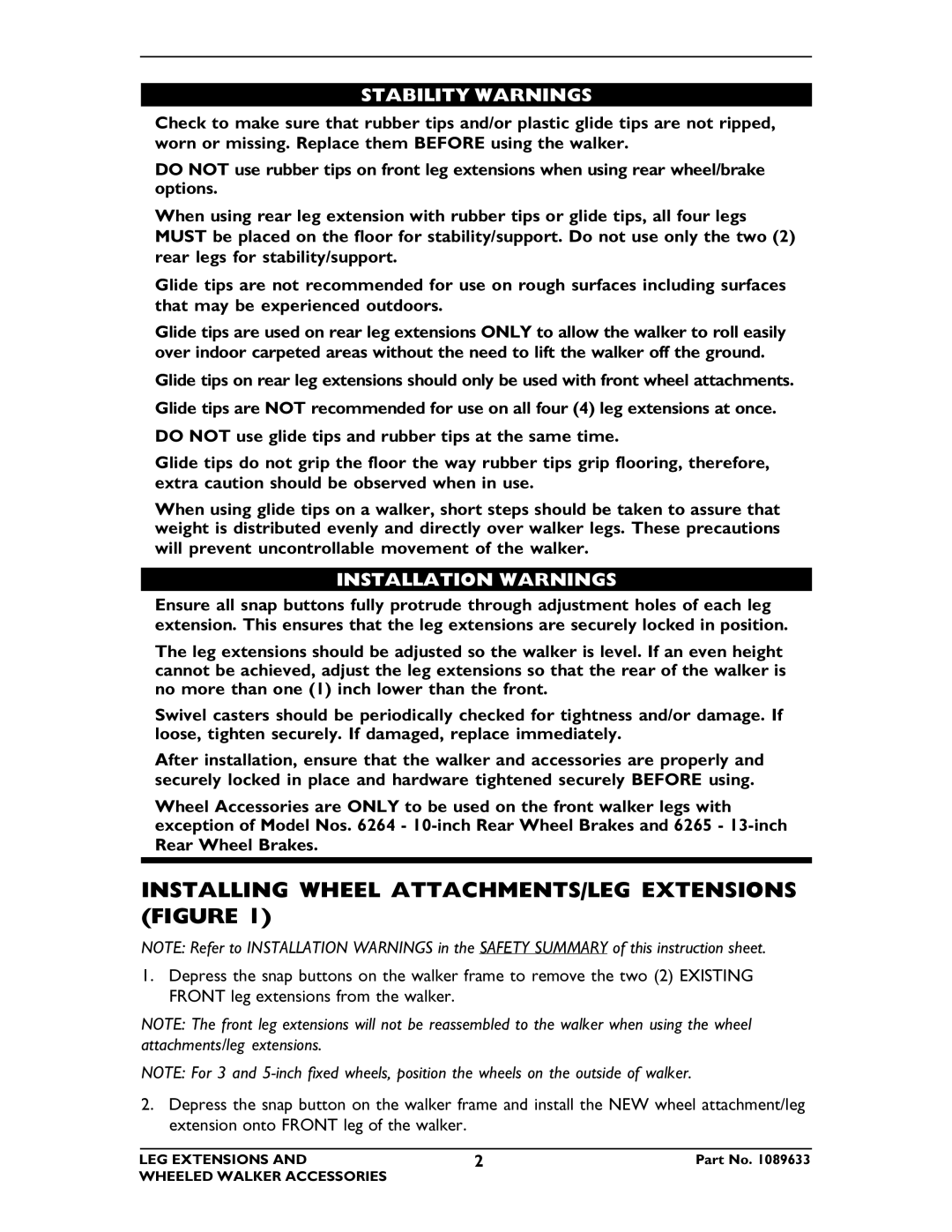 Invacare 6265, 6266, 6264 Installing Wheel ATTACHMENTS/LEG Extensions Figure, Stability Warnings, Installation Warnings 