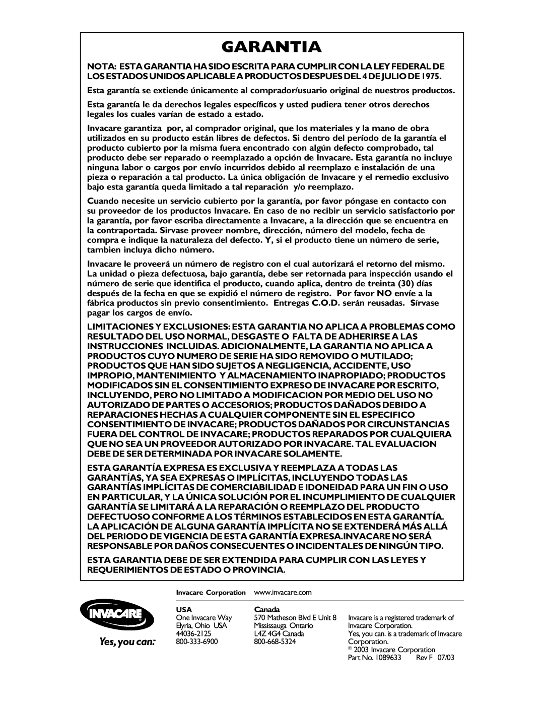 Invacare 6266, 6264, 6265, 6263, 6274 operating instructions Garantia, Canada 