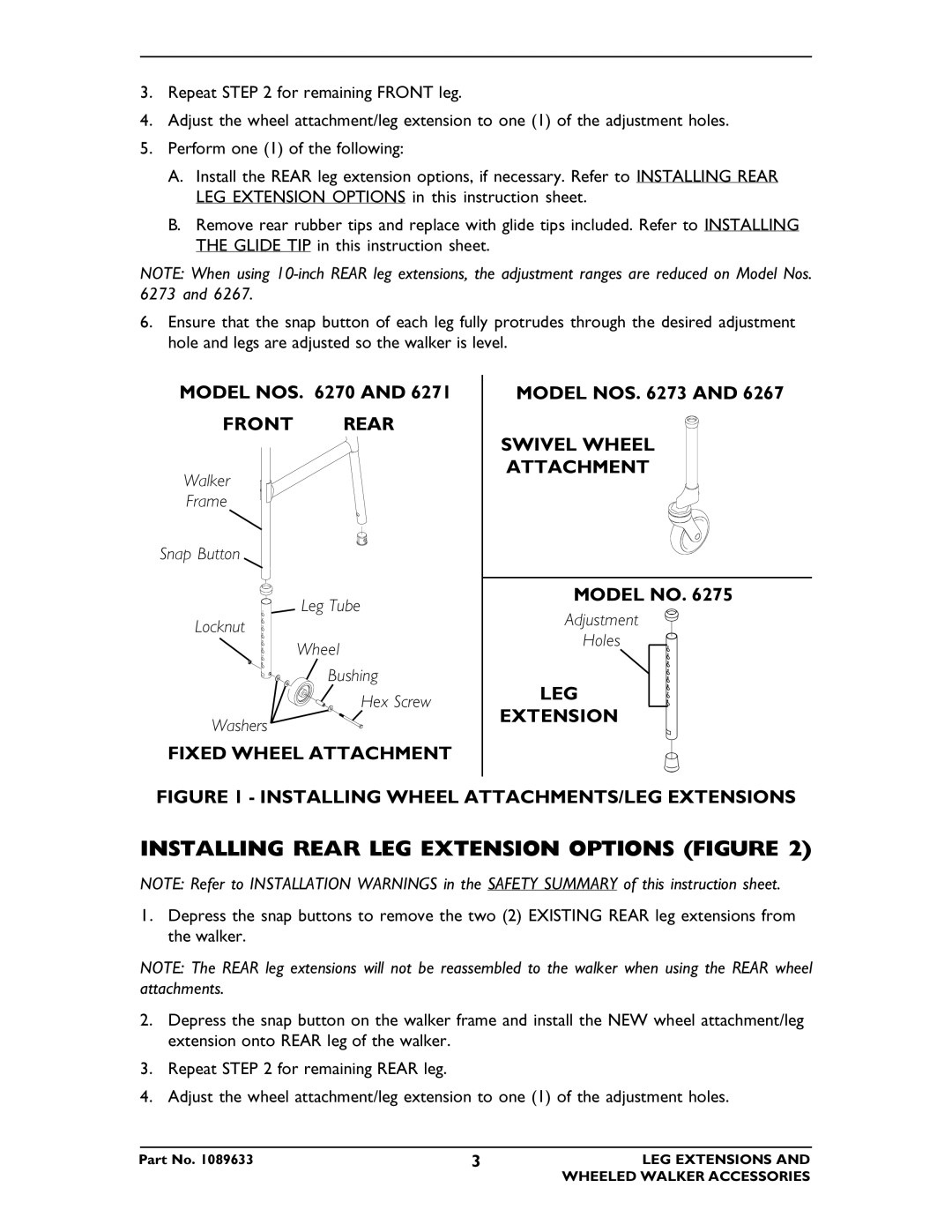 Invacare 6263, 6266, 6264, 6265, 6274 Installing Rear LEG Extension Options Figure, Front Rear, Swivel Wheel Attachment 