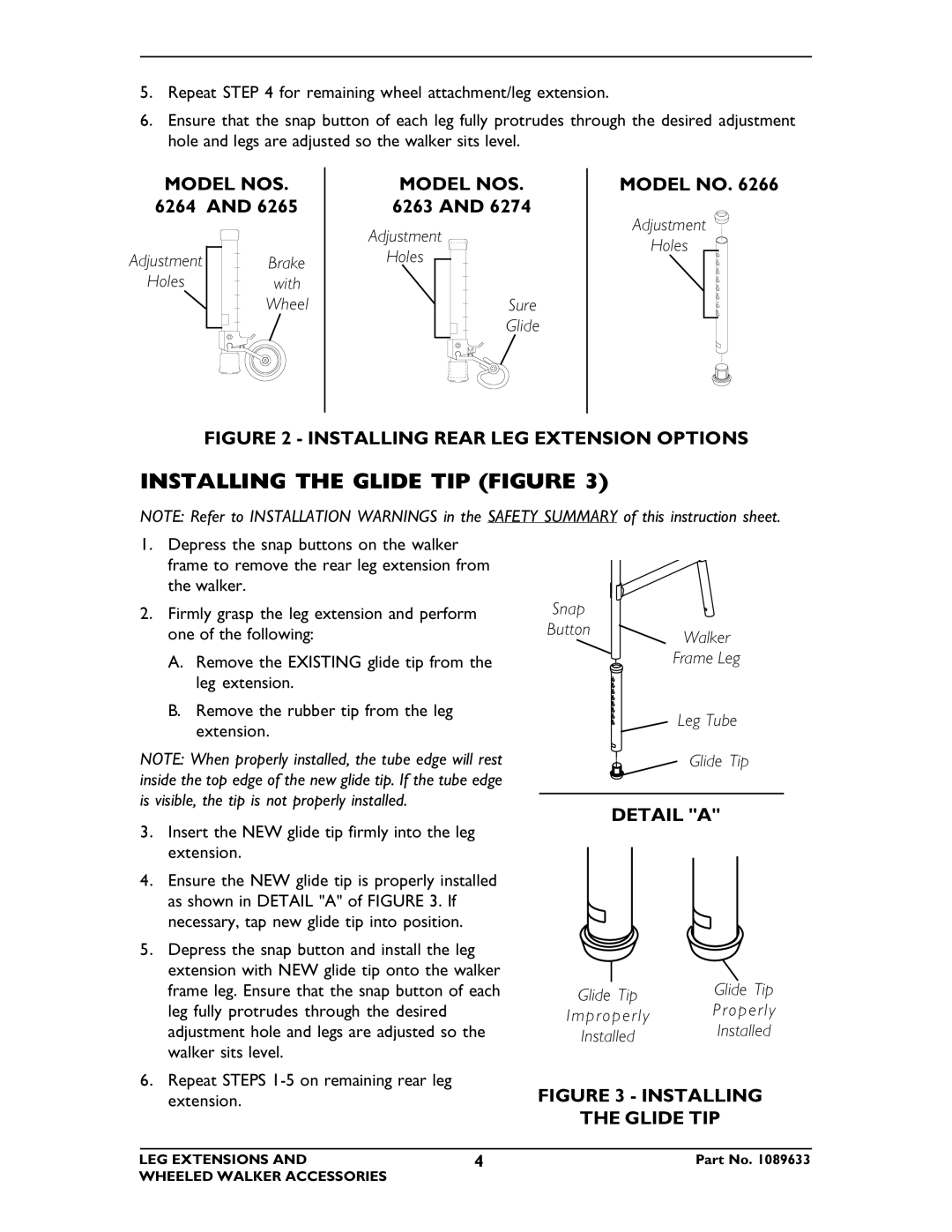 Invacare 6274, 6266, 6264, 6265, 6263 operating instructions Installing the Glide TIP Figure, Model NOS, Detail a 