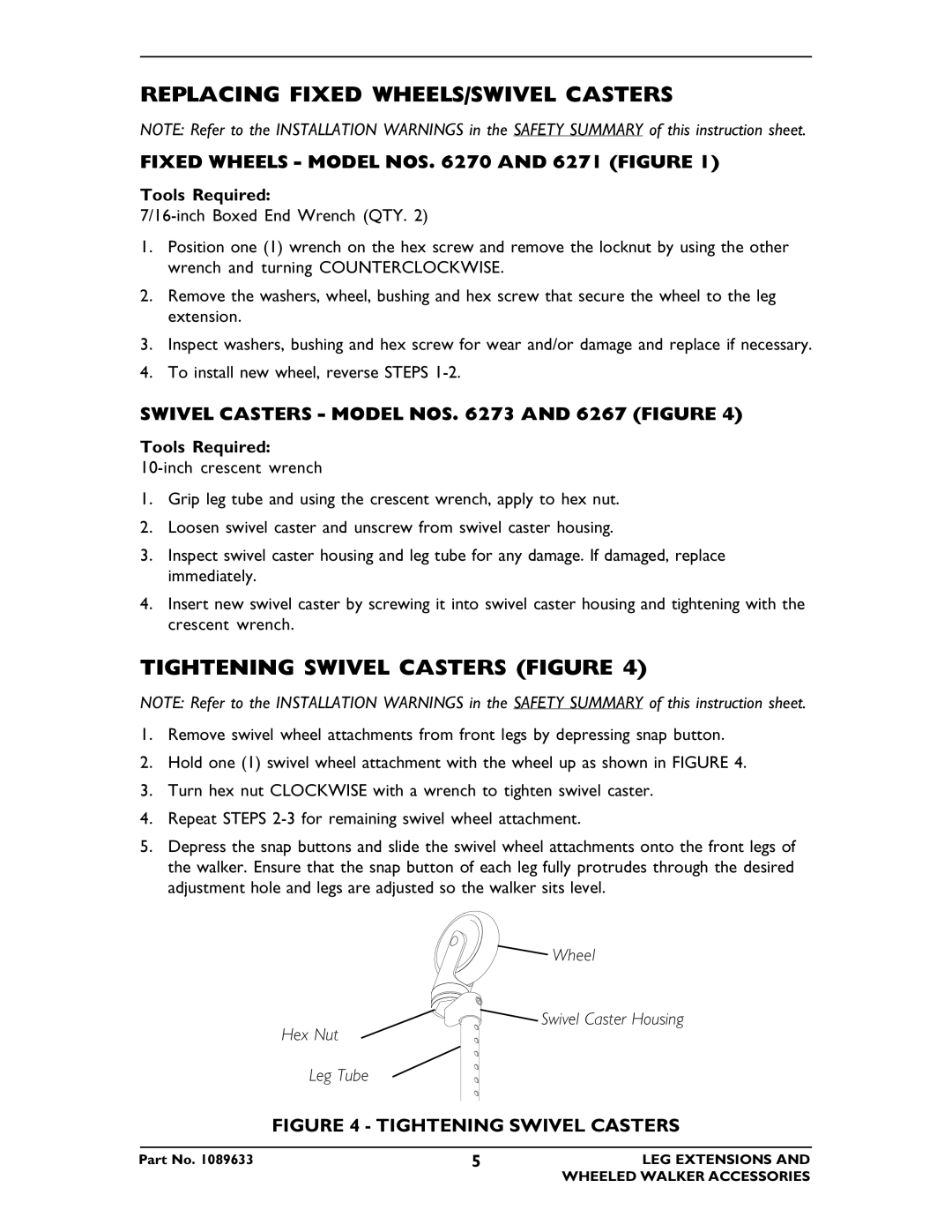 Invacare 6266, 6264, 6265, 6263, 6274 Replacing Fixed WHEELS/SWIVEL Casters, Tightening Swivel Casters Figure 