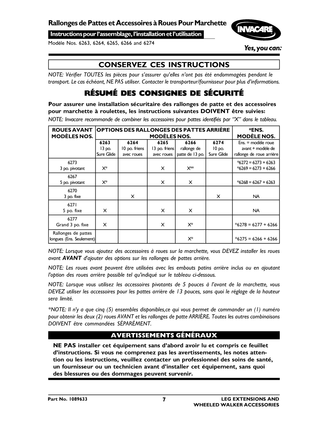 Invacare 6265, 6264, 6263 Conservez CES Instructions Résumé DES Consignes DE Sécurité, Avertissements Généraux, 6266 6274 