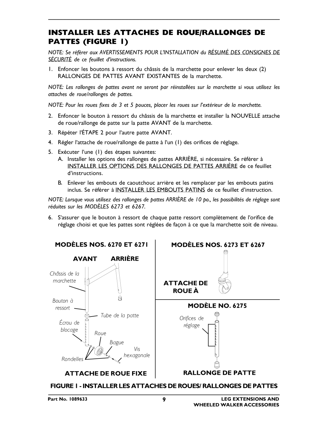 Invacare 6274, 6266, 6264, 6265, 6263 Installer LES Attaches DE ROUE/RALLONGES DE Pattes Figure, Avant Arrière 