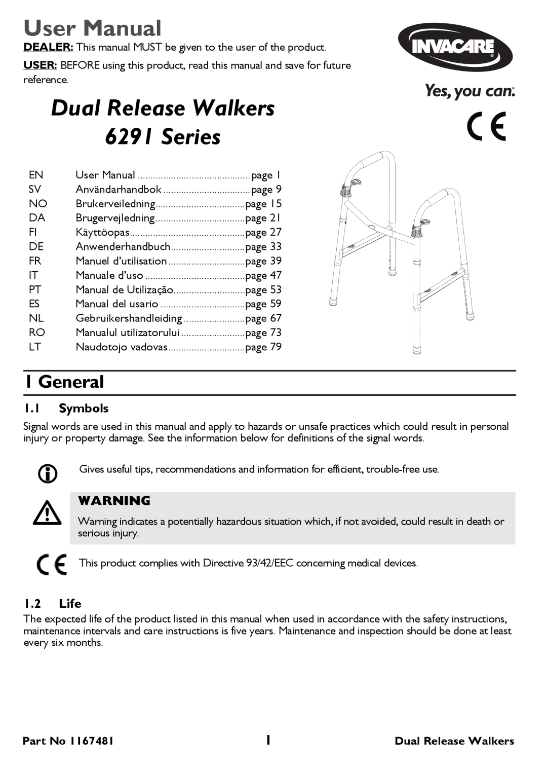 Invacare 6291 user manual Dual Release Walkers Series, General, Symbols, Life 