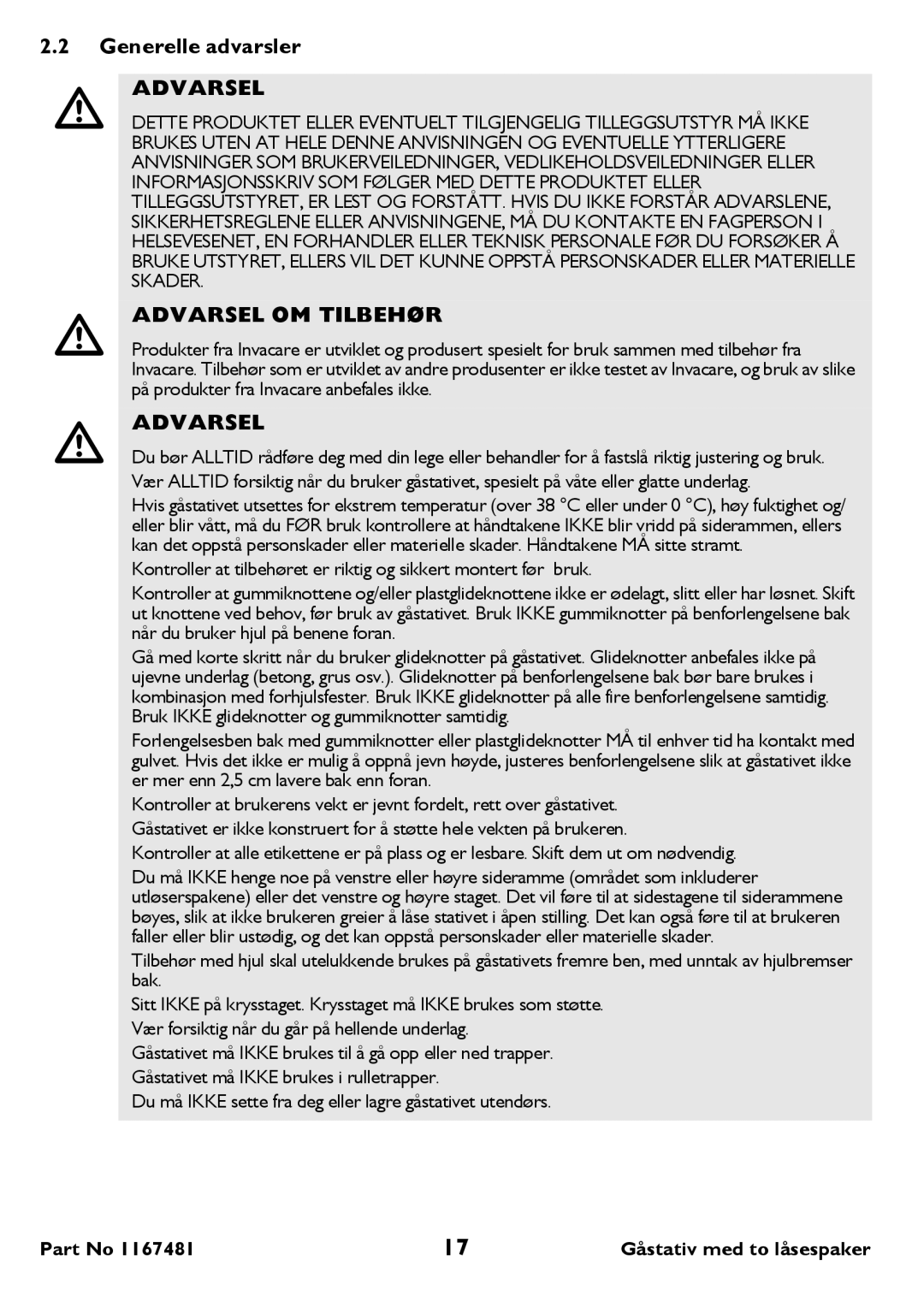 Invacare 6291 user manual Generelle advarsler 