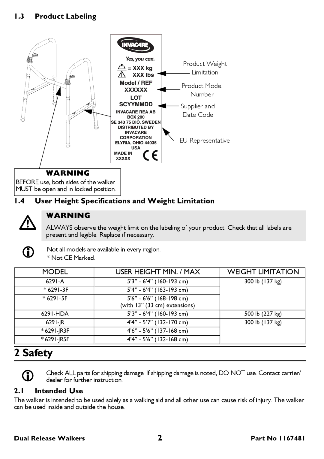 Invacare 6291 user manual Safety, Product Labeling, User Height Specifications and Weight Limitation, Intended Use 