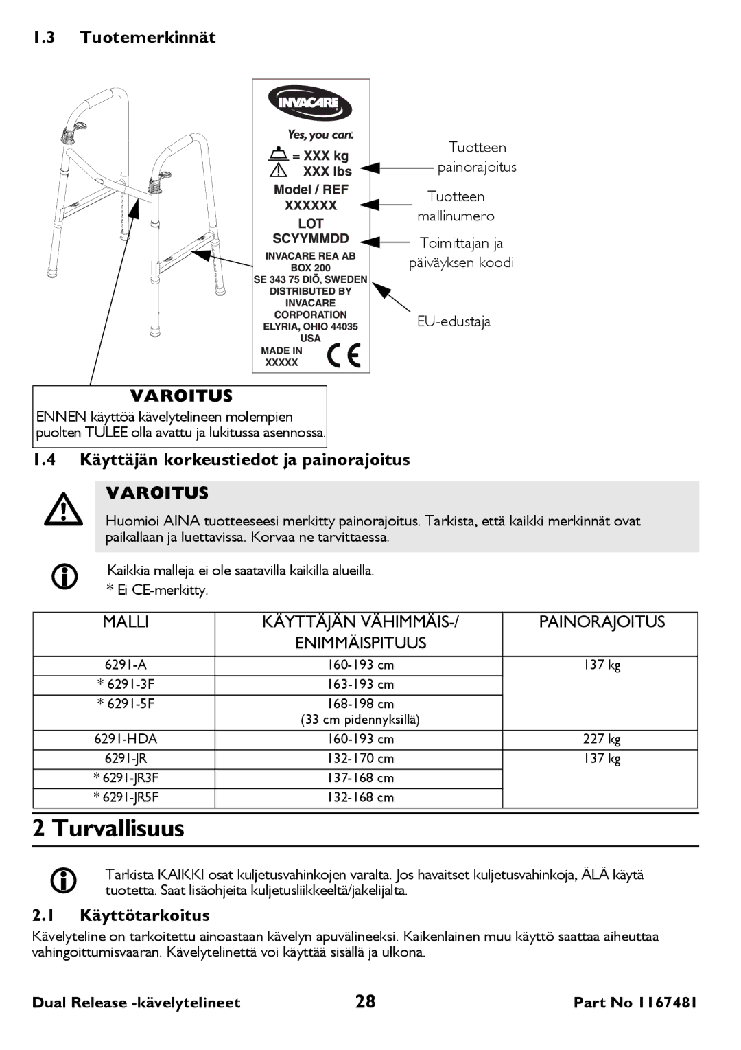 Invacare 6291 user manual Turvallisuus, Tuotemerkinnät, Varoitus, Käyttäjän korkeustiedot ja painorajoitus, Käyttötarkoitus 