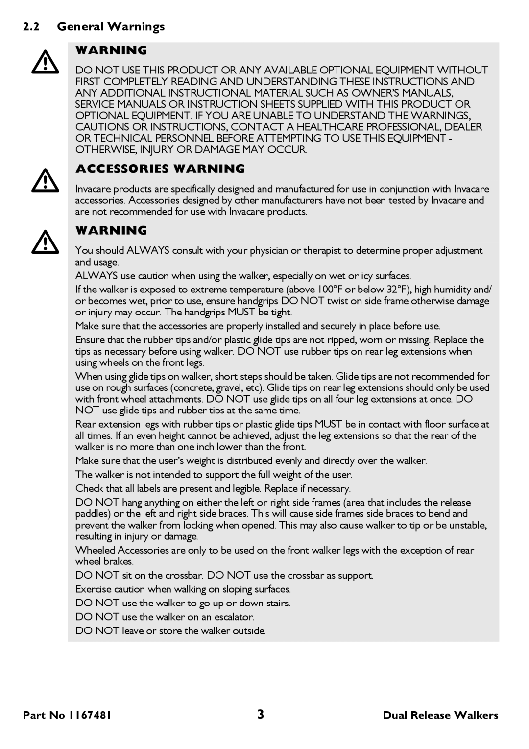 Invacare 6291 user manual General Warnings, Accessories Warning 