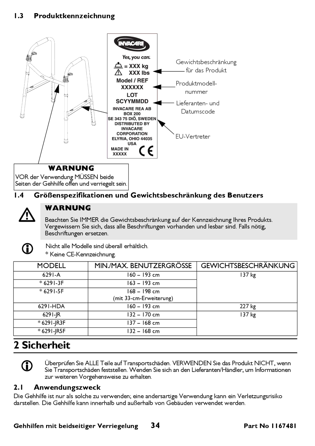 Invacare 6291 user manual Sicherheit, Produktkennzeichnung, Warnung, Anwendungszweck 