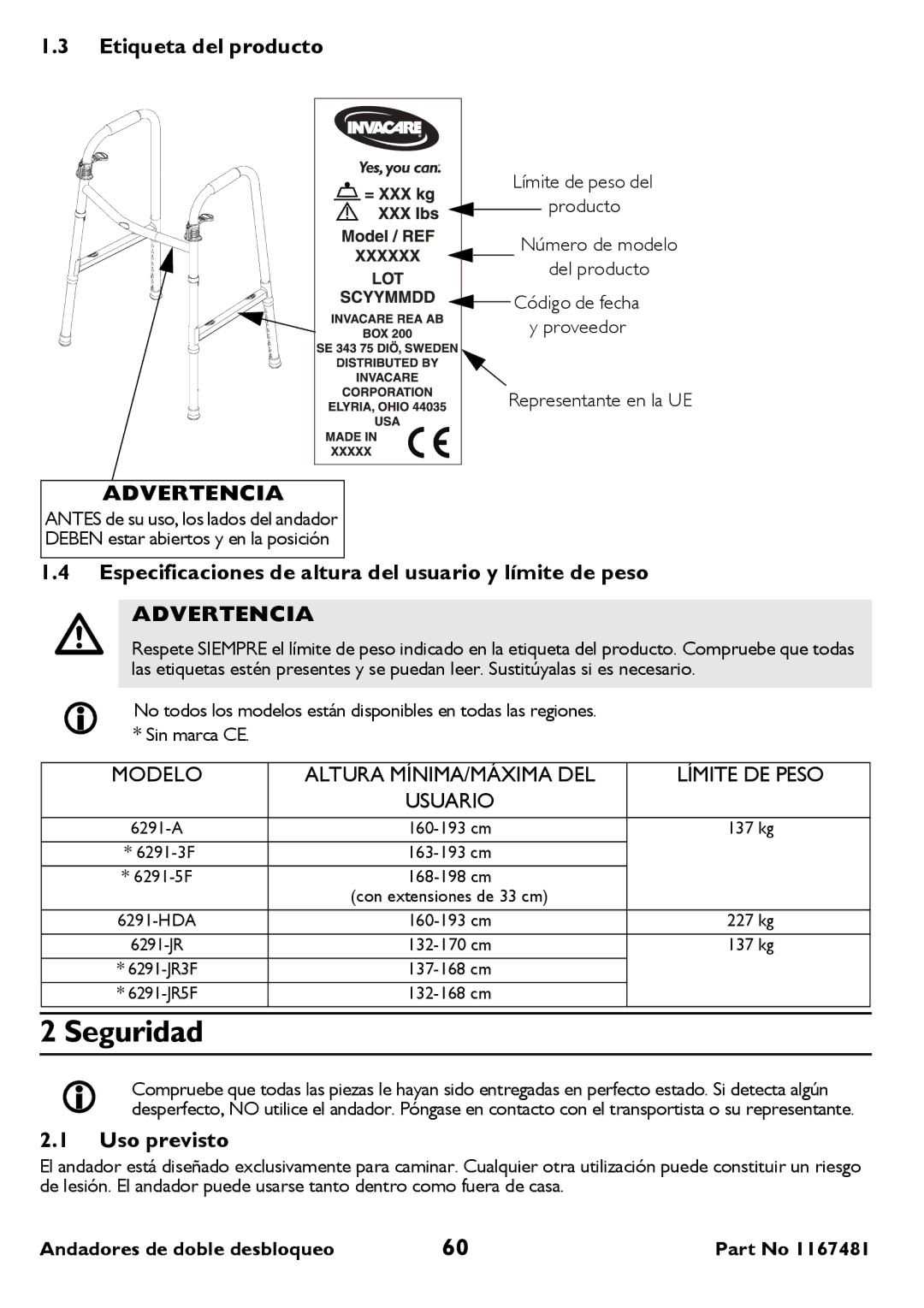 Invacare 6291 user manual Seguridad, Etiqueta del producto, Especificaciones de altura del usuario y límite de peso 