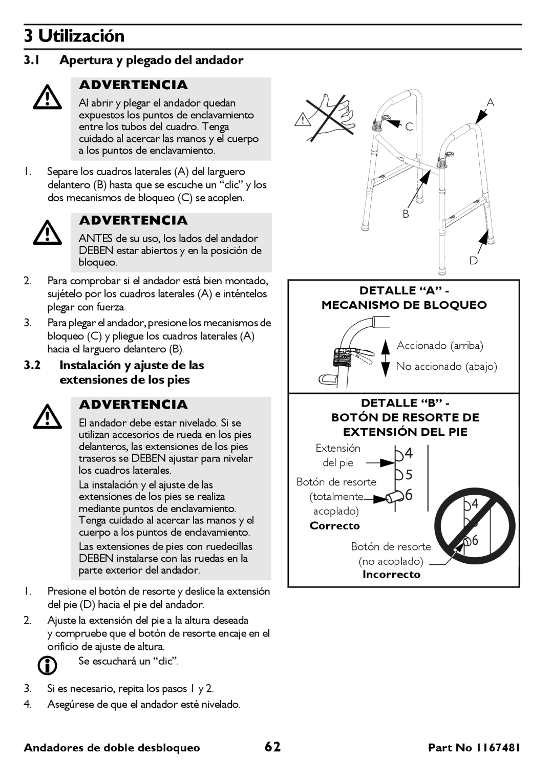 Invacare 6291 user manual Utilización, Apertura y plegado del andador, Detalle a Mecanismo DE Bloqueo 