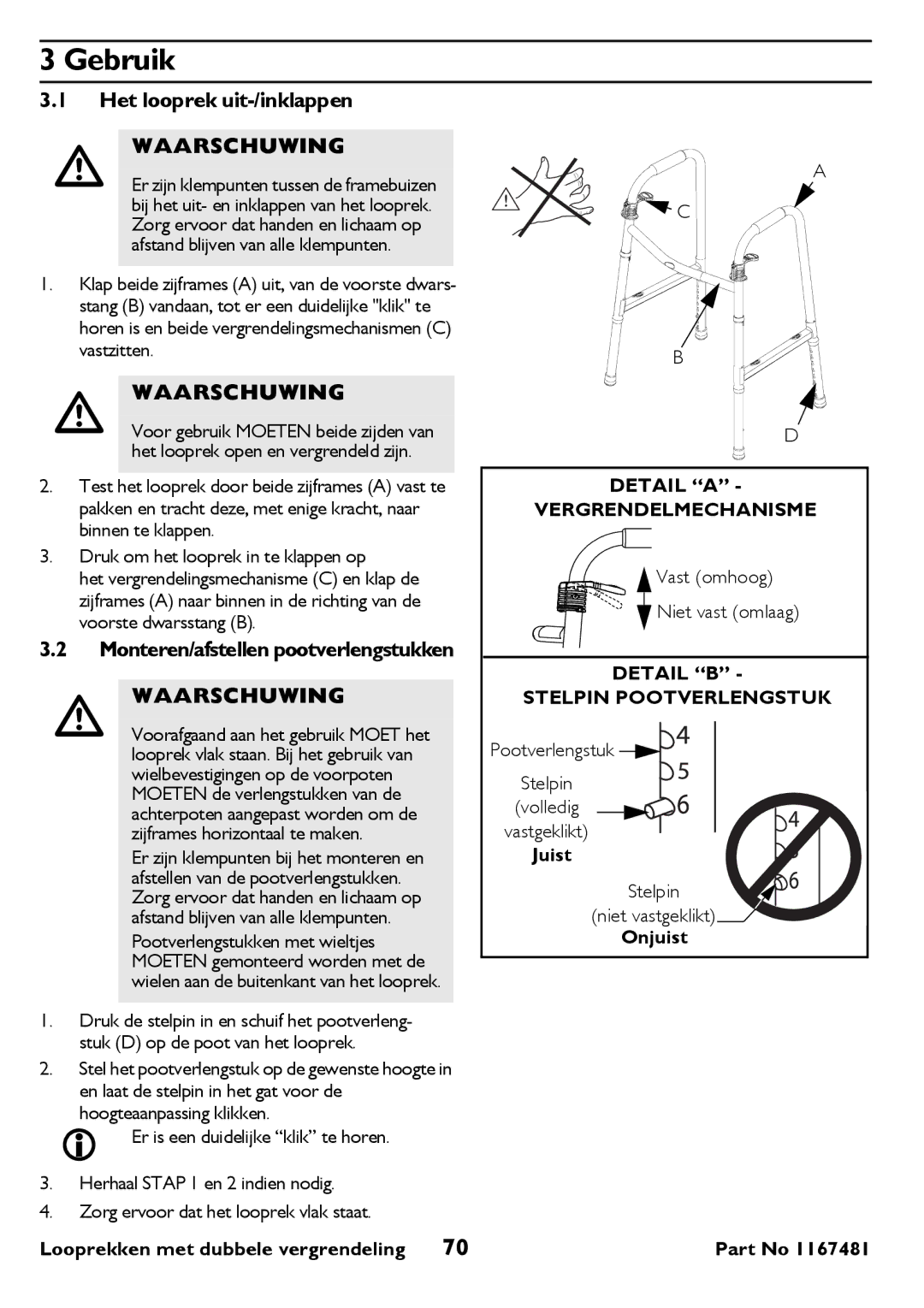 Invacare 6291 Gebruik, Het looprek uit-/inklappen, Detail a Vergrendelmechanisme, Detail B Stelpin Pootverlengstuk 