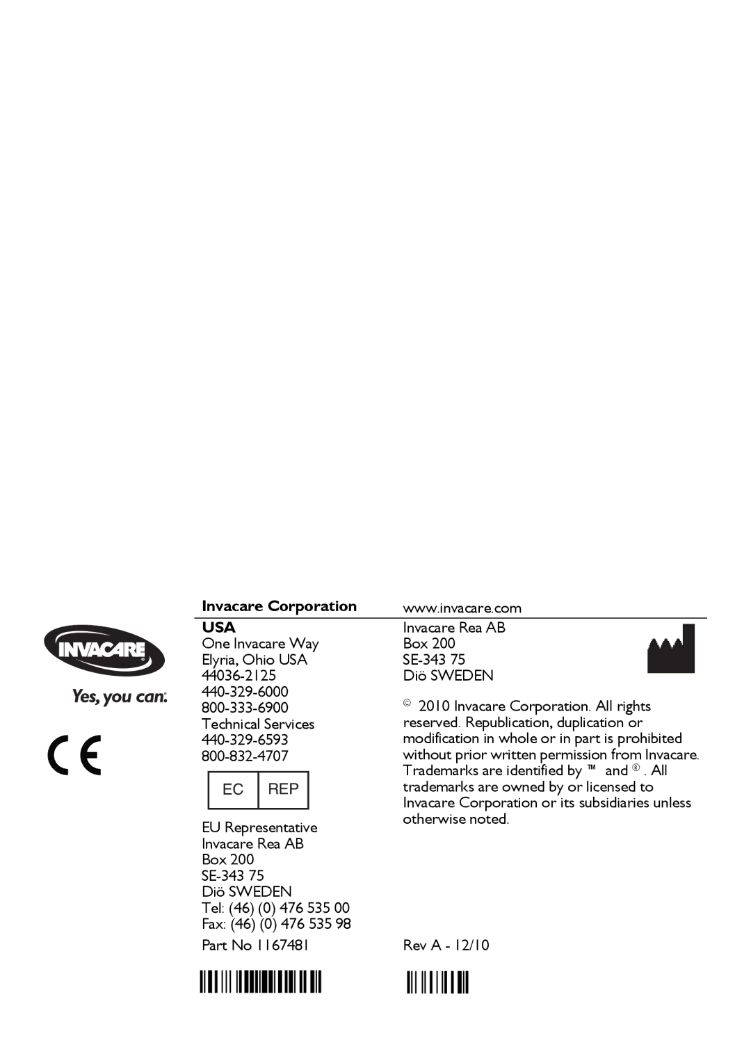 Invacare 6291 user manual Invacare Corporation, Usa 