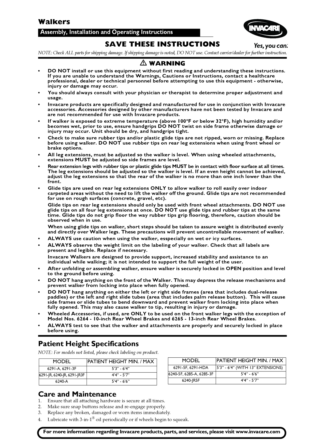 Invacare 62913F specifications Walkers, Patient Height Specifications, Care and Maintenance 