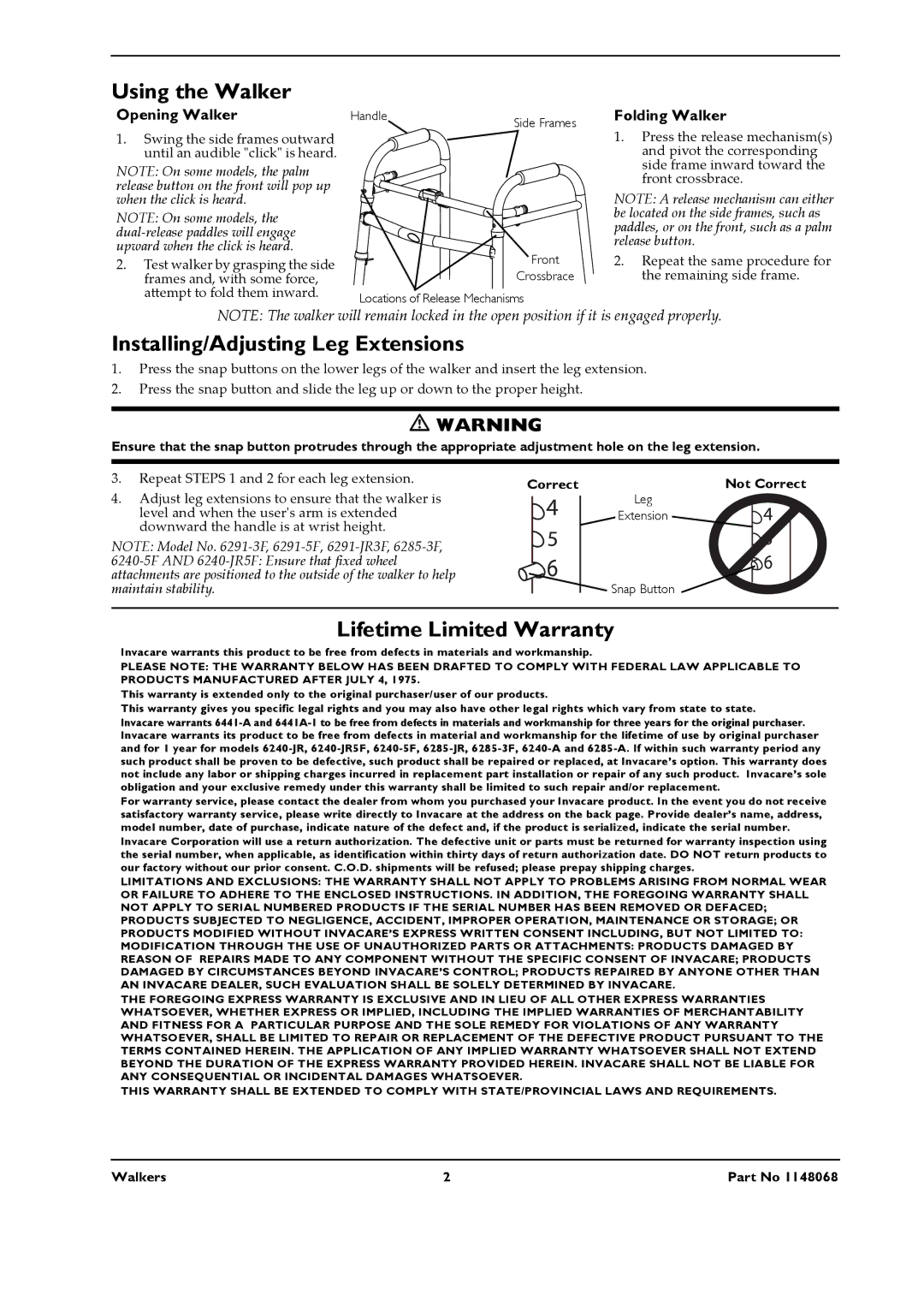 Invacare 62913F Using the Walker, Installing/Adjusting Leg Extensions, Lifetime Limited Warranty, Opening Walker 