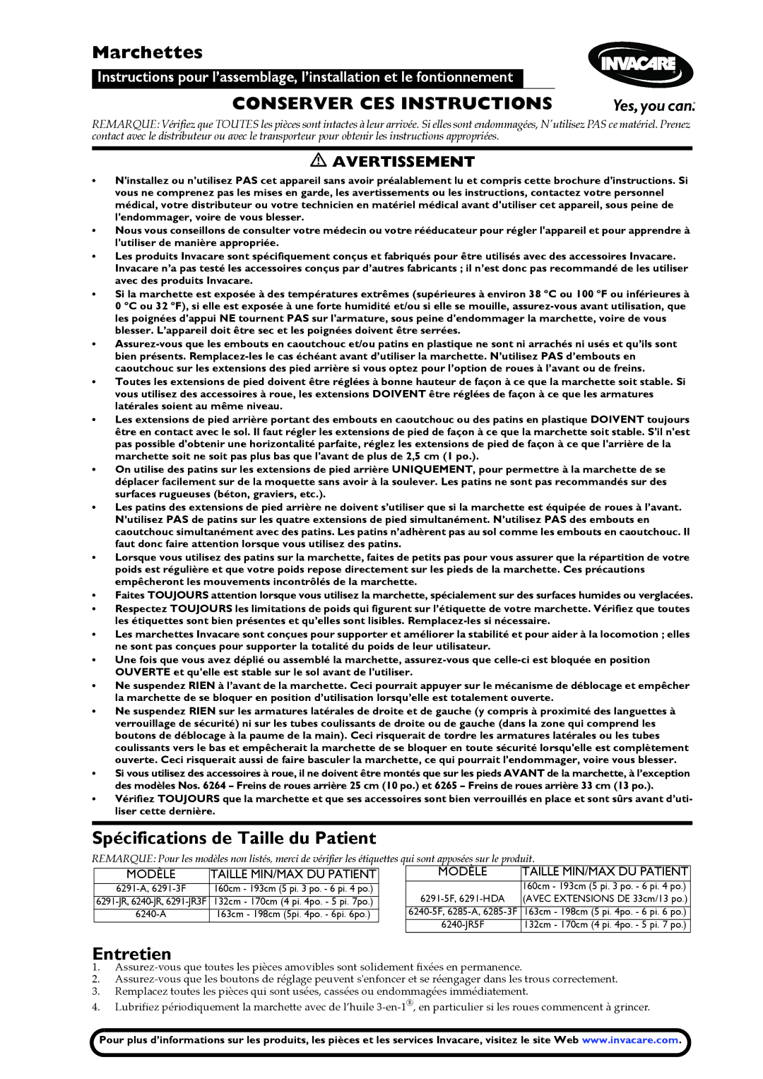 Invacare 62913F specifications Marchettes, Spécifications de Taille du Patient, Entretien 